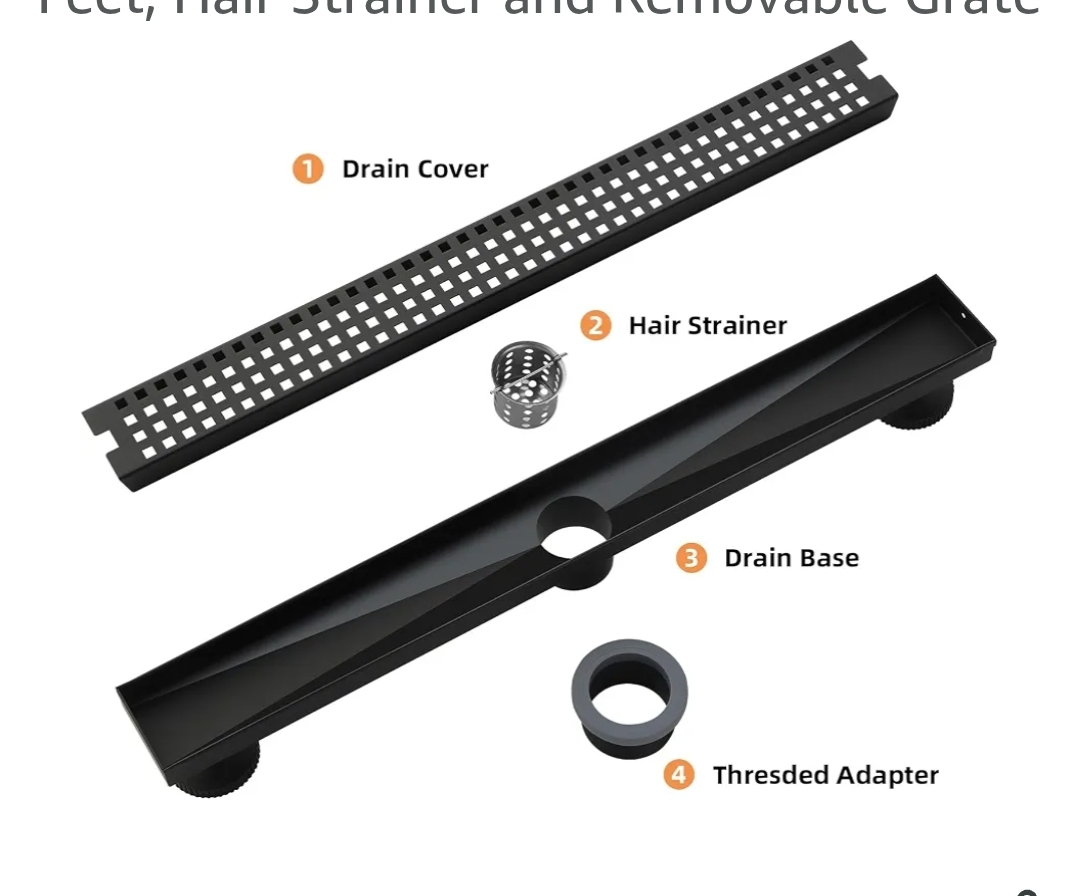 36 Inch Linear Shower Drain - Matte Black 304 Stainless Steel Rectangular Floor Drain with Adjustable Leveling Feet, Hair Strainer and Removable Grate - Image 6