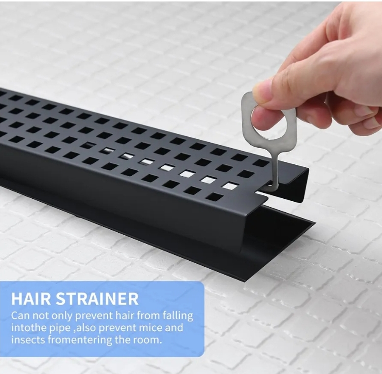 36 Inch Linear Shower Drain - Matte Black 304 Stainless Steel Rectangular Floor Drain with Adjustable Leveling Feet, Hair Strainer and Removable Grate - Image 8