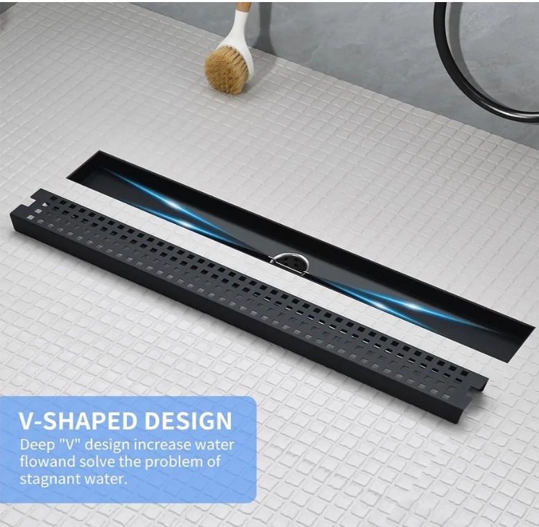 36 Inch Linear Shower Drain - Matte Black 304 Stainless Steel Rectangular Floor Drain with Adjustable Leveling Feet, Hair Strainer and Removable Grate - Image 10