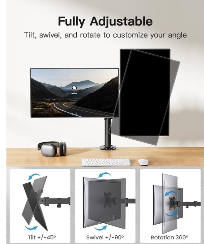 Dual Monitor Mount for 2 Monitors up to 32 inches, Heavy Duty Dual Monitor Stand Holds up to 17.6lbs, Dual Monitor Arm with Height Adjustable Tilt Swive Rotate, VESA Hole 75mm or 100mm - Image 9