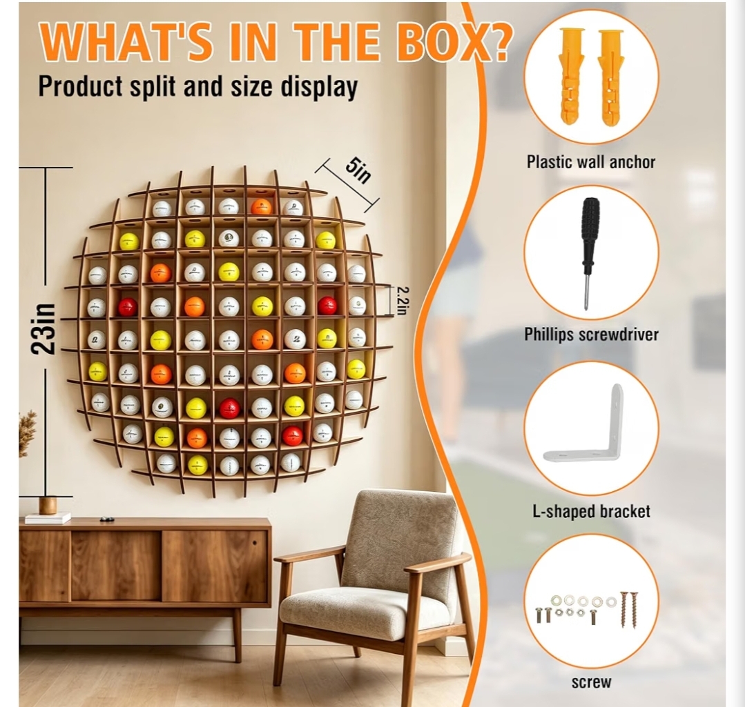 Golf Ball Display Case, Golf Ball Wall Display Rack up to 78 Balls, Wooden Golf Ball Display, Wall-Mounted Golf Ball Storage, Golf Ball Holder Display Wood charring Process - Image 4