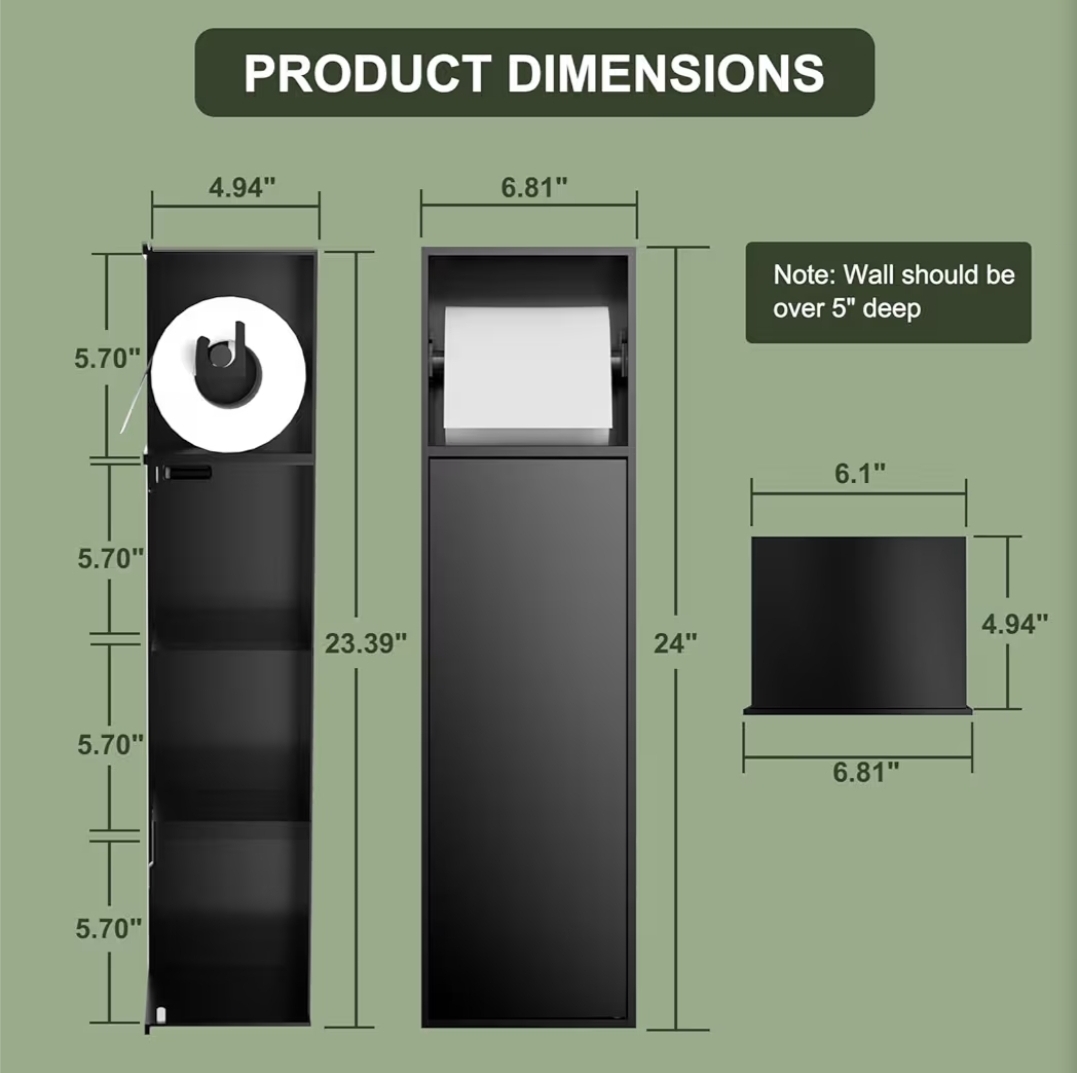 BARONAGE 24 Inch Recessed Toilet Paper Holder with 3 Storage, Matte Black 304 Stainless Steel Toilet Tissue Holder, Wall Mount, Over-Mounted Toilet Roll Holder, Bathroom Storage For Paper Rolls - Image 5