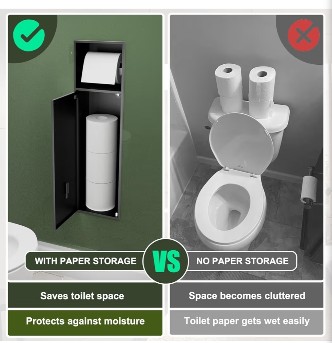 BARONAGE 24 Inch Recessed Toilet Paper Holder with 3 Storage, Matte Black 304 Stainless Steel Toilet Tissue Holder, Wall Mount, Over-Mounted Toilet Roll Holder, Bathroom Storage For Paper Rolls - Image 6