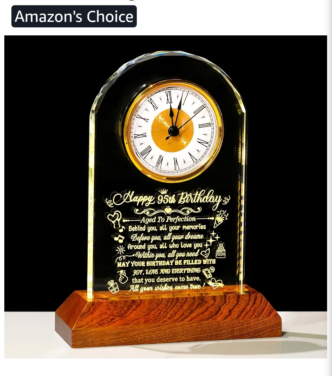 Happy 95th Birthday Crystal Clock Gifts for Women Men 95 Years Old Birthday Present for Parents 95th Quartz Clock Birthday Gifts with Wooden LED Light Base