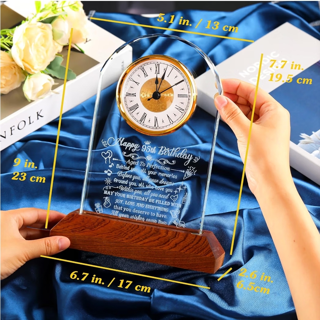 Happy 95th Birthday Crystal Clock Gifts for Women Men 95 Years Old Birthday Present for Parents 95th Quartz Clock Birthday Gifts with Wooden LED Light Base - Image 6