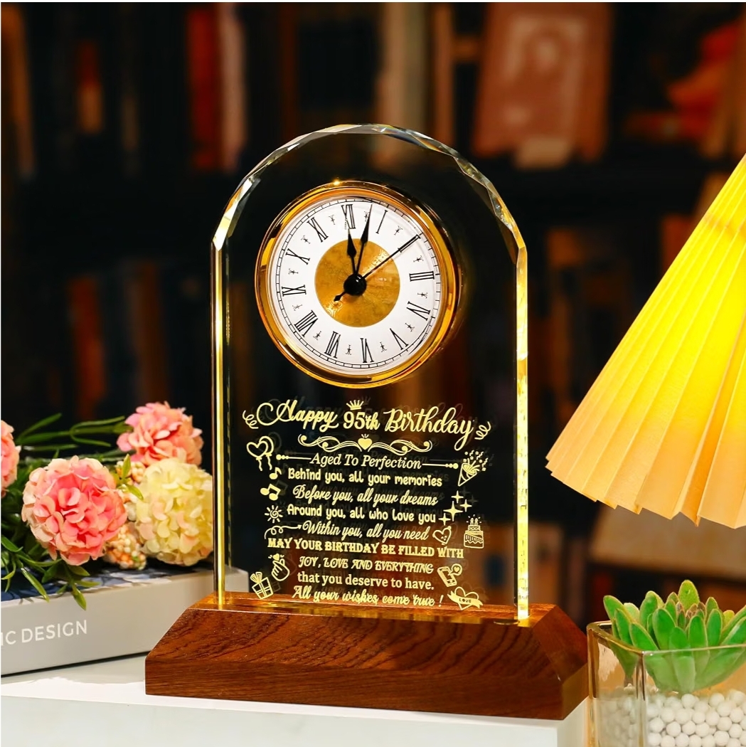 Happy 95th Birthday Crystal Clock Gifts for Women Men 95 Years Old Birthday Present for Parents 95th Quartz Clock Birthday Gifts with Wooden LED Light Base - Image 7