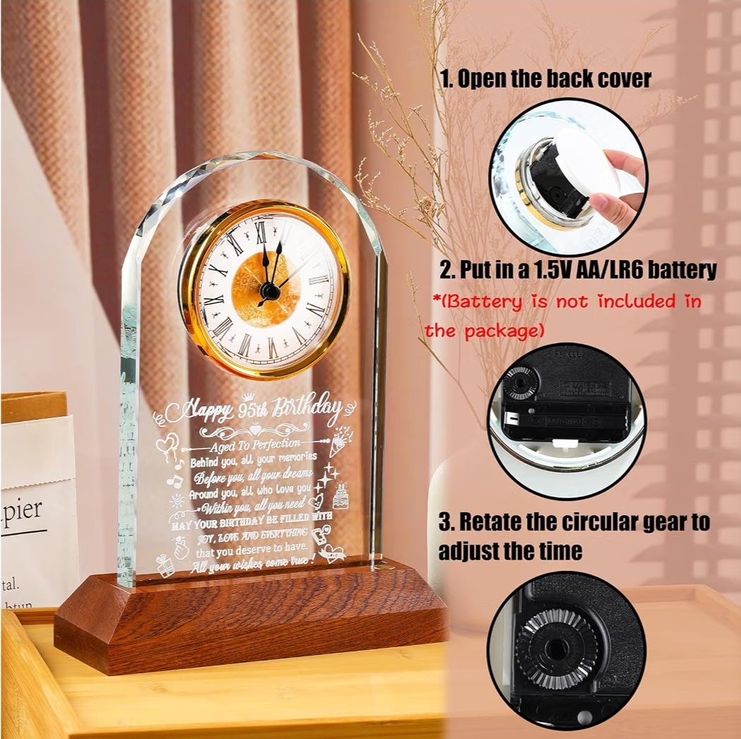 Happy 95th Birthday Crystal Clock Gifts for Women Men 95 Years Old Birthday Present for Parents 95th Quartz Clock Birthday Gifts with Wooden LED Light Base - Image 8