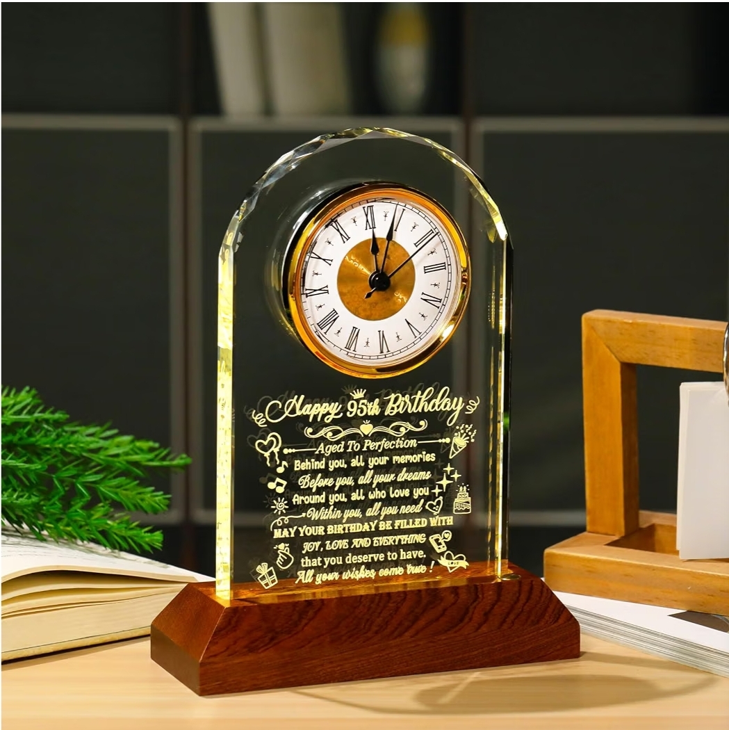 Happy 95th Birthday Crystal Clock Gifts for Women Men 95 Years Old Birthday Present for Parents 95th Quartz Clock Birthday Gifts with Wooden LED Light Base - Image 10