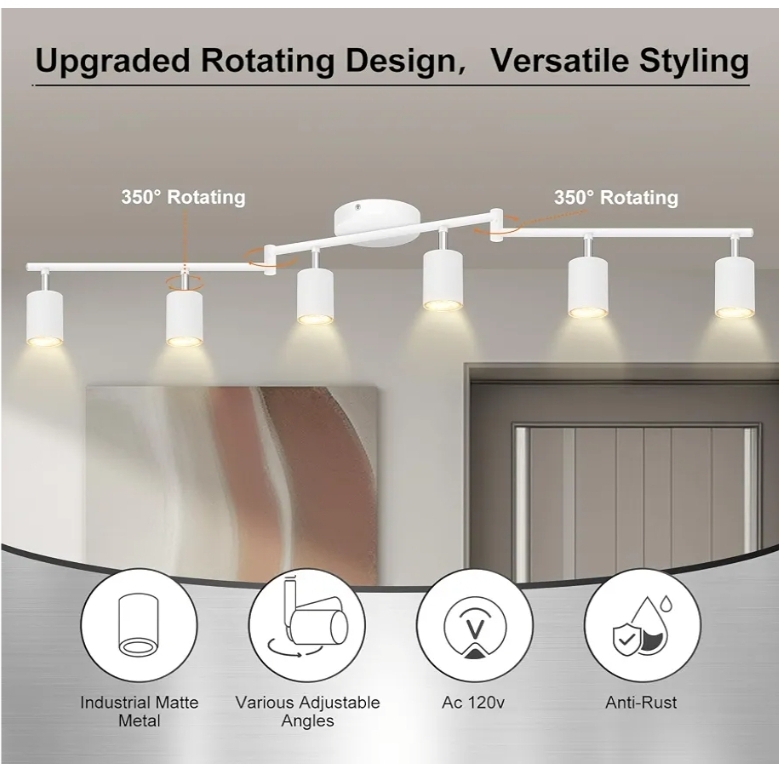 6 Light Track Lighting Fixtures Ceiling, Matte White Kichen Track Lighting Fixtures with Rotatable Light Heads, Foldable Lamp Arms, Modern LED Track Lights - Image 6