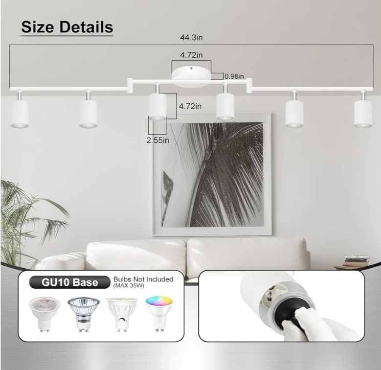 6 Light Track Lighting Fixtures Ceiling, Matte White Kichen Track Lighting Fixtures with Rotatable Light Heads, Foldable Lamp Arms, Modern LED Track Lights - Image 7