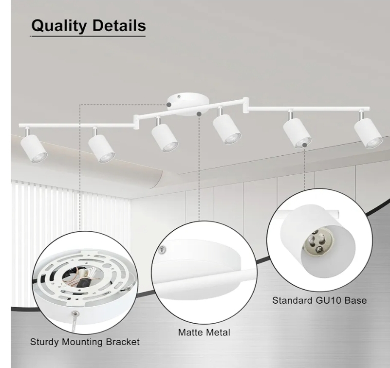 6 Light Track Lighting Fixtures Ceiling, Matte White Kichen Track Lighting Fixtures with Rotatable Light Heads, Foldable Lamp Arms, Modern LED Track Lights - Image 8