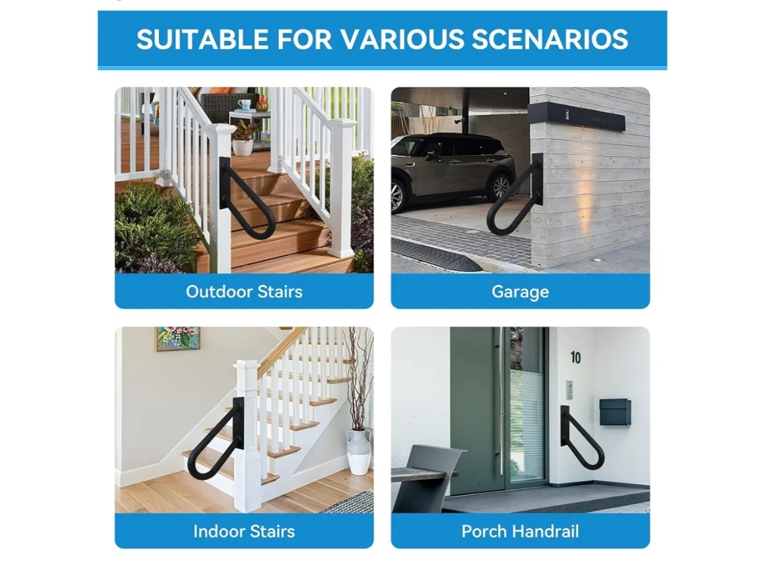 U Shaped Wall Mount Handrails for Outdoor Steps & Indoor Stairs - Black & White Hold Tight Safety Handrail - Image 9