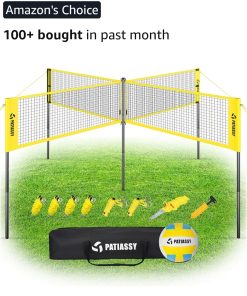 4 Square Volleyball Game Set, 4 Way Net System with 16FT & 32FT Court, Adjustable Height Backyard Badminton Combo, Portable Outdoor Kit with Ball, Pump, Boundary Line, Carry Bag