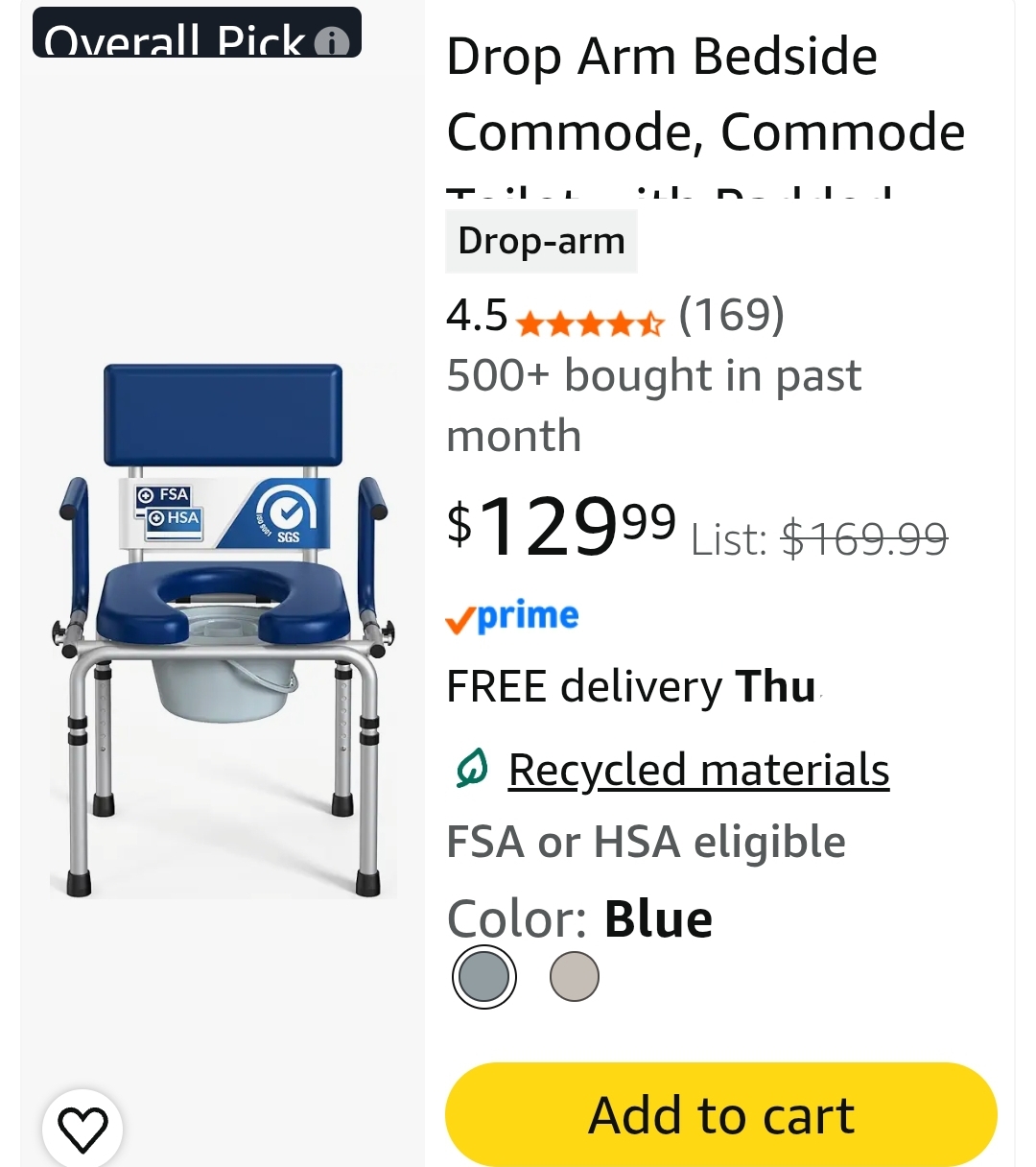 Drop Arm Bedside Commode, Commode with Padded Seat and Backrest, 500lbs Capacity, 5.81QT Removable Bucket, Adjustable Height Portable Toilet for Adults, Gray - Image 2