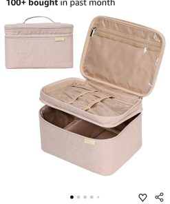 Large Double Layer Travel Makeup Bag Women, Cosmetic Case, Organizer for Travel-Size Accessories Bottles, Brushes, Conditioner, and Skin Care Products, Pink