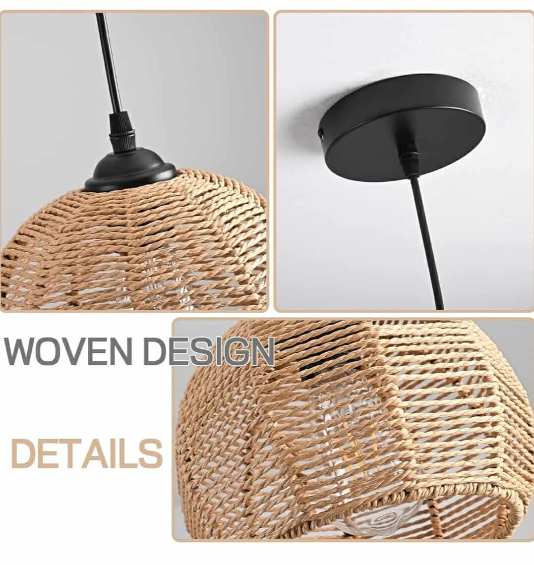 Hemp Rope Woven Pendant Light Woven Light Fixture Boho Chandelier Light Fixture Wicker Pendant Light Rattan Light Pendant Dome Wicker Chandelier for Bedroom Kitchen Island (Bulb Incl.) - Image 7