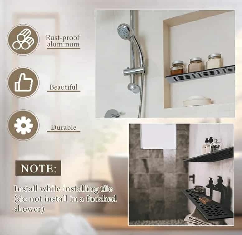 2 Pcs Aluminum Shower Niche Rectangular Shelf Black 5/32"/ 4 mm Thick, Petal Design, Matte Black Finish for 12" Prefabricated Niches, Fits 5/32" Grout Line - Image 8