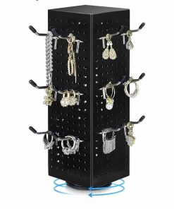 Black Rotating Pegboard Display Stand Pegboard Spinner Organizer, 4 x 4 x 12 Inches Four Sided Retail Display Racks Revolving Metal Display Turntable for Jewelry, Accessories, Crafts