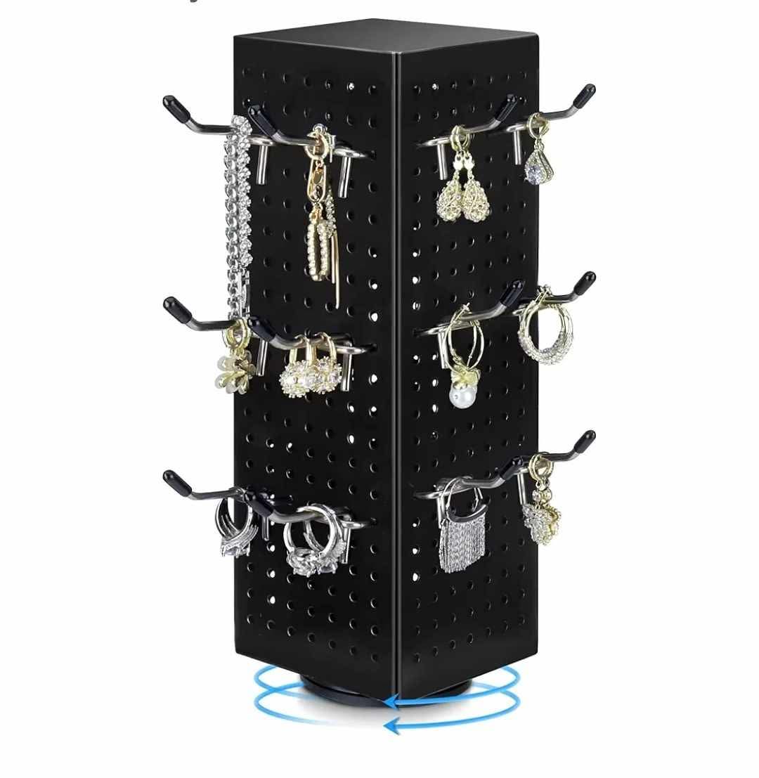 Black Rotating Pegboard Display Stand Pegboard Spinner Organizer, 4 x 4 x 12 Inches Four Sided Retail Display Racks Revolving Metal Display Turntable for Jewelry, Accessories, Crafts
