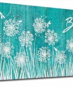 24"x 48" Large Canvas Wall Art for Bedroom White Dandelion Flowers Wall Decor for Living Room Teal Wooden Board Canvas Paintings Abstract Dragonfly Canvas