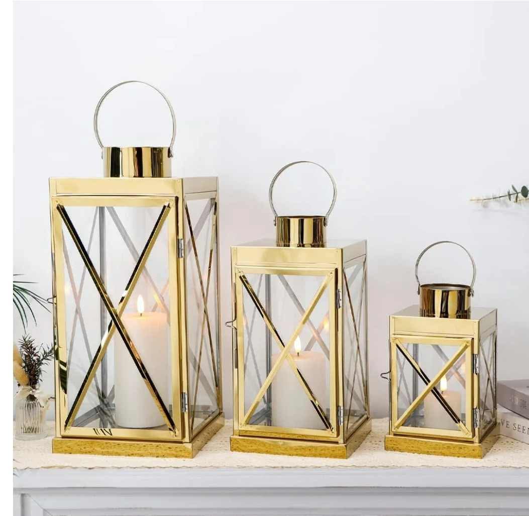 Gold Stainless Steel Lantern Set of 3-Square Elegance 8/12/16 Inch Opulent Metal Candle Lanterns Candle Holder with Tempered Glass - Image 7