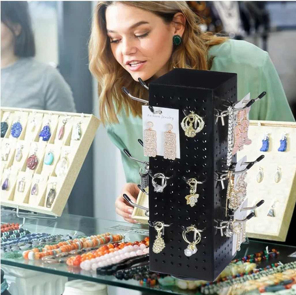 Black Rotating Pegboard Display Stand Pegboard Spinner Organizer, 4 x 4 x 12 Inches Four Sided Retail Display Racks Revolving Metal Display Turntable for Jewelry, Accessories, Crafts - Image 3