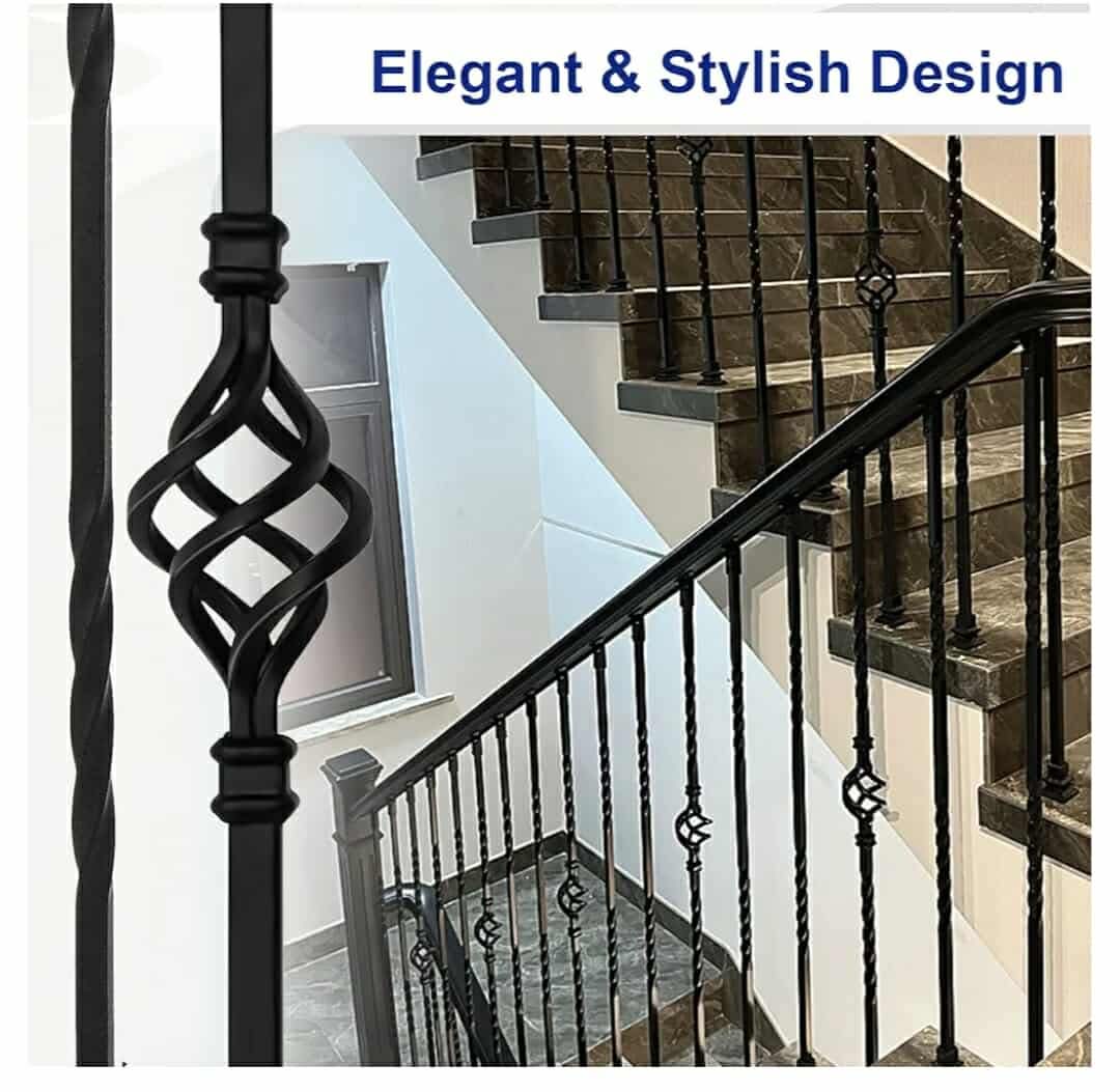 9 Pack Iron Balusters,Hollow Double Basket Iron Spindles Hollow Single Basket Staircase Balusters Single Twist 1/2" Square Stair Balusters with 18 Swivel Shoes - Image 6