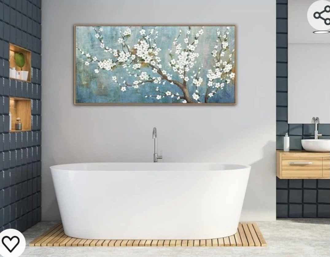 Framed Flowers Canvas Wall Art - Plum Blossom Pictures for Wall Decor Rustic Turquoise Canvas Painting Nature Printing Artwork for Living Room Bedroom Home Office Wall Decoration 24" x 48" - Image 6