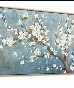 Framed Flowers Canvas Wall Art - Plum Blossom Pictures for Wall Decor Rustic Turquoise Canvas Painting Nature Printing Artwork for Living Room Bedroom Home Office Wall Decoration 24" x 48"