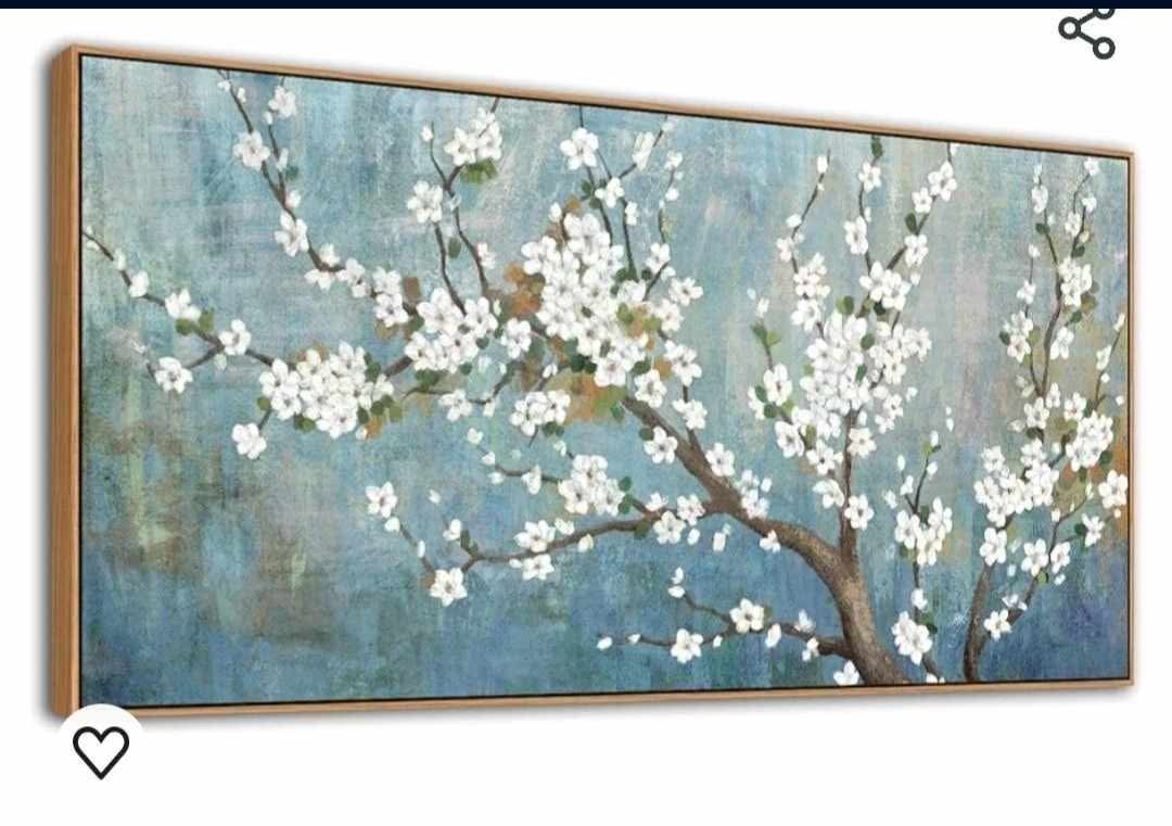 Framed Flowers Canvas Wall Art - Plum Blossom Pictures for Wall Decor Rustic Turquoise Canvas Painting Nature Printing Artwork for Living Room Bedroom Home Office Wall Decoration 24" x 48"