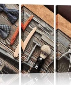 Beauty Salon Canvas Wall Art Modern Barber Shop Painting Picture Classic Haircut Tools Wooden Background Vintage Style Artwork for Barber Shop Decoration Stretched and Framed 16x32inchx3pcs