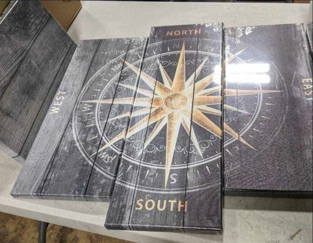 5 Pieces Vintage Grey and Gold Canvas Wall Art Nautical Compass Directions Painted on Wood Design Giclee Print Gallery Wrap For Modern Home Office Bedroom Decoration Ready to Hang - Image 2