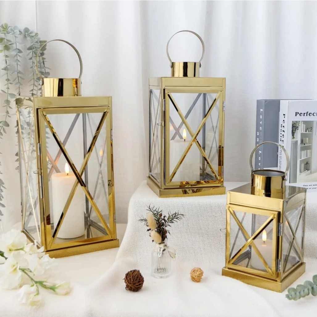 Gold Stainless Steel Lantern Set of 3-Square Elegance 8/12/16 Inch Opulent Metal Candle Lanterns Candle Holder with Tempered Glass