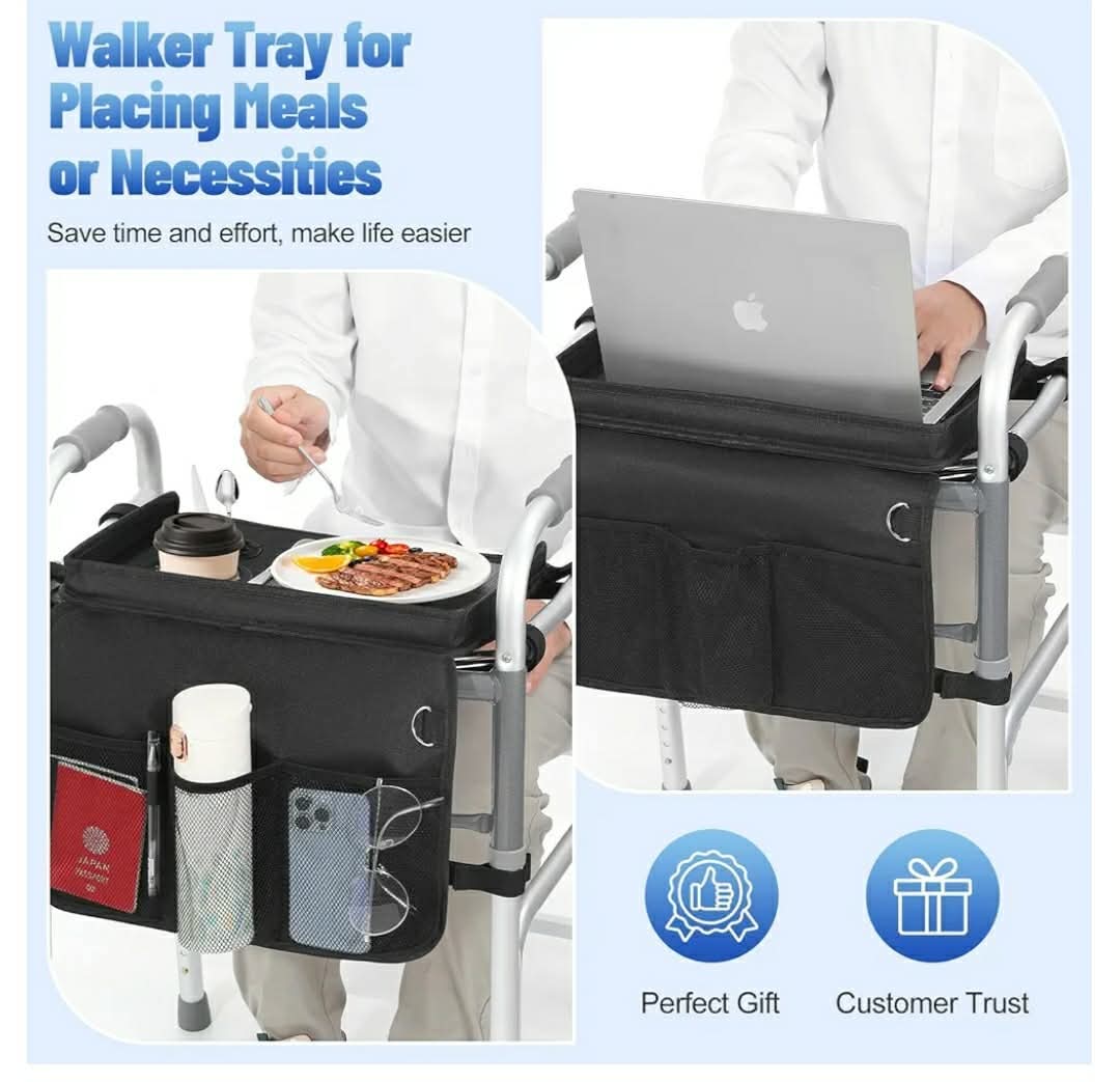 Rhino Valley Walker Tray for Folding Walker, Tray for Walkers with Non-Slip Mat for Food, 3 Front Pockets & 2 Cup Holders, Fits Most Standard Folding Walkers, Walker Accessories for Senior, Black - Image 4