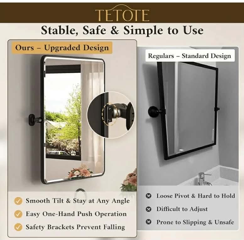 TETOTE Pivot Mirror for Bathroom 20 x 24 Black Pivoting Tilt Rectangle Beveled Mirror, Farmhouse Rounded Corner Metal Framed Bathroom Vanity Mirror for Wall, Horizontal/Vertical, Tempered Glass - Image 5