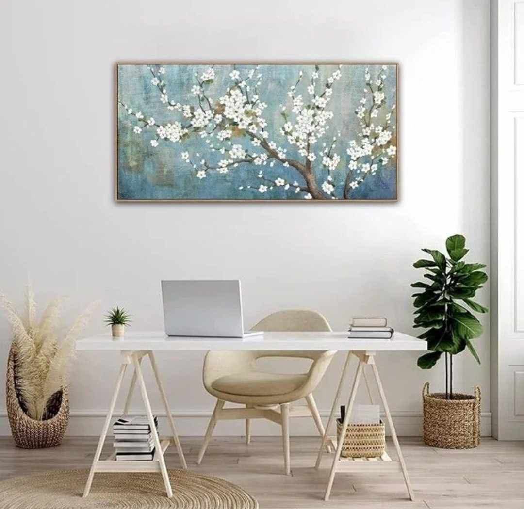 Framed Flowers Canvas Wall Art - Plum Blossom Pictures for Wall Decor Rustic Turquoise Canvas Painting Nature Printing Artwork for Living Room Bedroom Home Office Wall Decoration 24" x 48" - Image 7