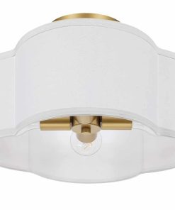 4-Light Semi Flush Mount Ceiling Light Fixture, Gold Modern Close to Ceiling Lamp with White Fabric Shade, Farmhouse Bright Lighting Brass Finish