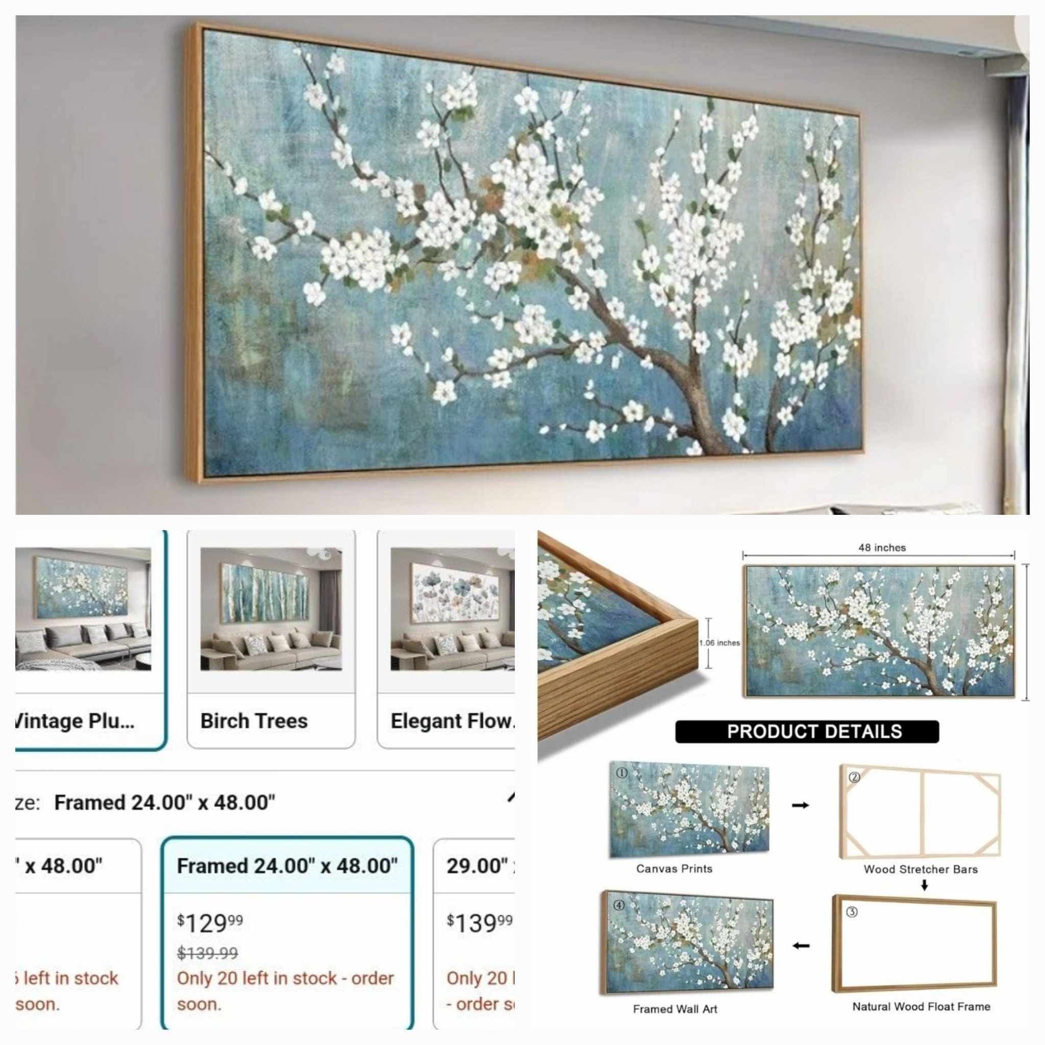 Framed Flowers Canvas Wall Art - Plum Blossom Pictures for Wall Decor Rustic Turquoise Canvas Painting Nature Printing Artwork for Living Room Bedroom Home Office Wall Decoration 24" x 48" - Image 8