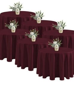 6 Pack Burgundy Round Tablecloths - 120 Inches in Diameter - Stain Resistant and Washable Table Clothes, Polyester Fabric Table Covers for Wedding, Party, Banquet, Formal Events