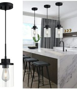 Alternative view of 3pk Modern Black Farmhouse Clear Glass Cylinder Pendant Light Fixture, Single Hanging Pendant Lighting (3 Packs)