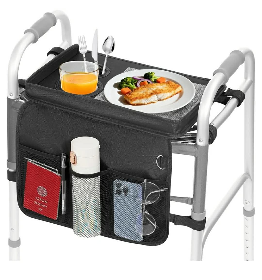 Rhino Valley Walker Tray for Folding Walker, Tray for Walkers with Non-Slip Mat for Food, 3 Front Pockets & 2 Cup Holders, Fits Most Standard Folding Walkers, Walker Accessories for Senior, Black