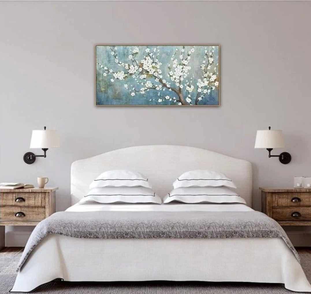 Framed Flowers Canvas Wall Art - Plum Blossom Pictures for Wall Decor Rustic Turquoise Canvas Painting Nature Printing Artwork for Living Room Bedroom Home Office Wall Decoration 24" x 48" - Image 4
