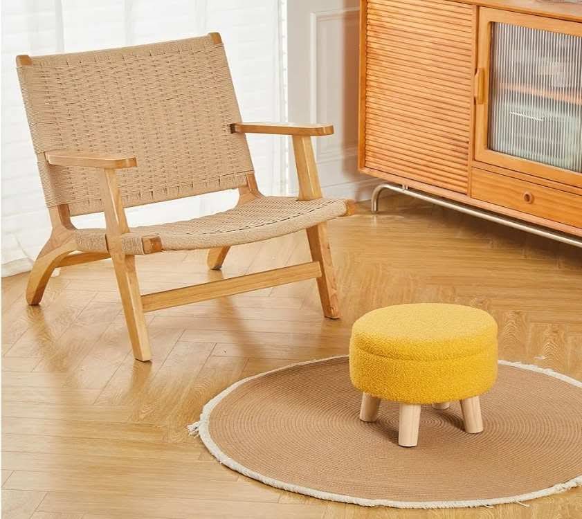Storage Ottoman, Modern Round Footrest with Soft Padded Seat, Teddy Velvet Footstool with Wood Legs, Accent Small Table or Plant Stand for Hallway, Living Room (Brilliant Yellow) - Image 5