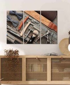 Alternative view of Beauty Salon Canvas Wall Art Modern Barber Shop Painting Picture Classic Haircut Tools Wooden Background Vintage Style Artwork for Barber Shop Decoration Stretched and Framed 16x32inchx3pcs