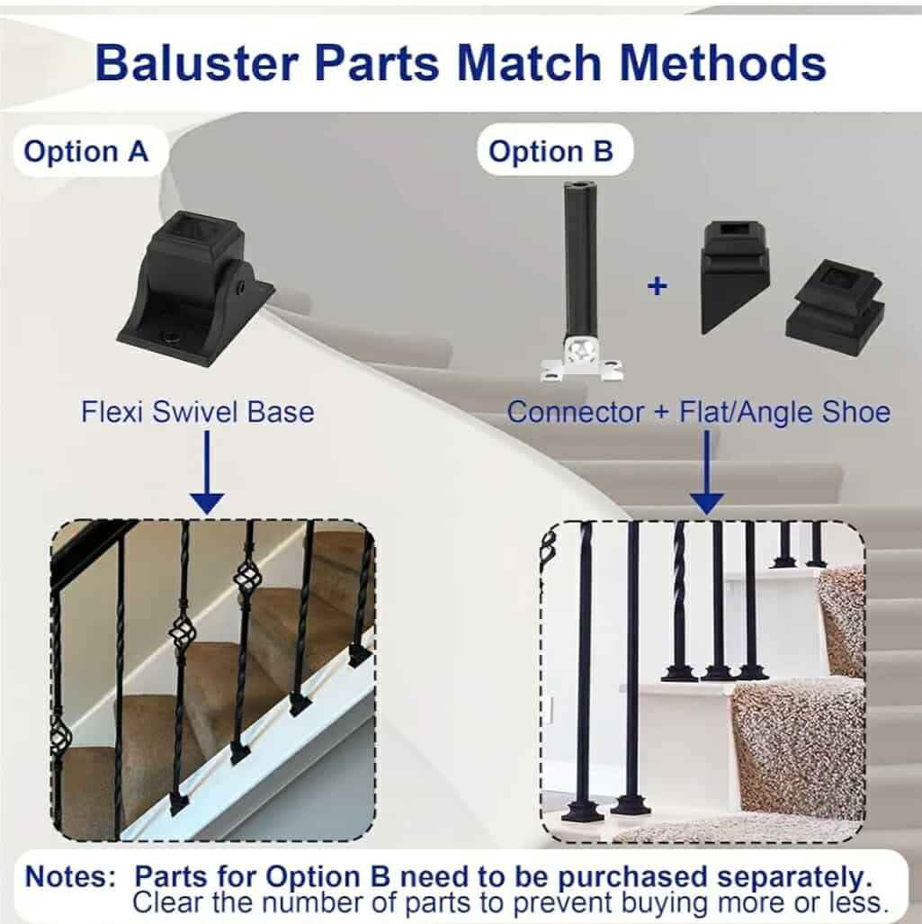 9 Pack Iron Balusters,Hollow Double Basket Iron Spindles Hollow Single Basket Staircase Balusters Single Twist 1/2" Square Stair Balusters with 18 Swivel Shoes - Image 8