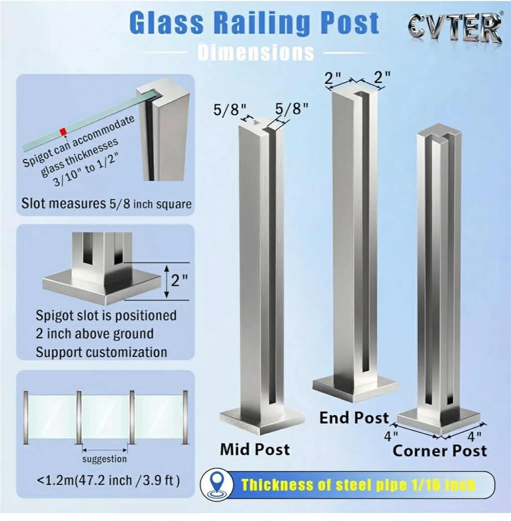 Glass Railing Post, No-Punch Heavy-Duty Glass Railing with Spigot Slots & Base, 304 Stainless Steel Clamp Bracket for Deck Balusters, Balcony, Patio, Stairs, Silver, 23.6in, 60cm Middle Post - Image 8