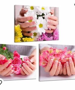 Modern Canvas Wall Art Fashion Woman Beauty Salon Painting Picture Nail Hand with Flowers Spa Artwork Makeup and Manicure Poster Bedroom Decor Stretched Ready to Hang 12x16inchx3pcs
