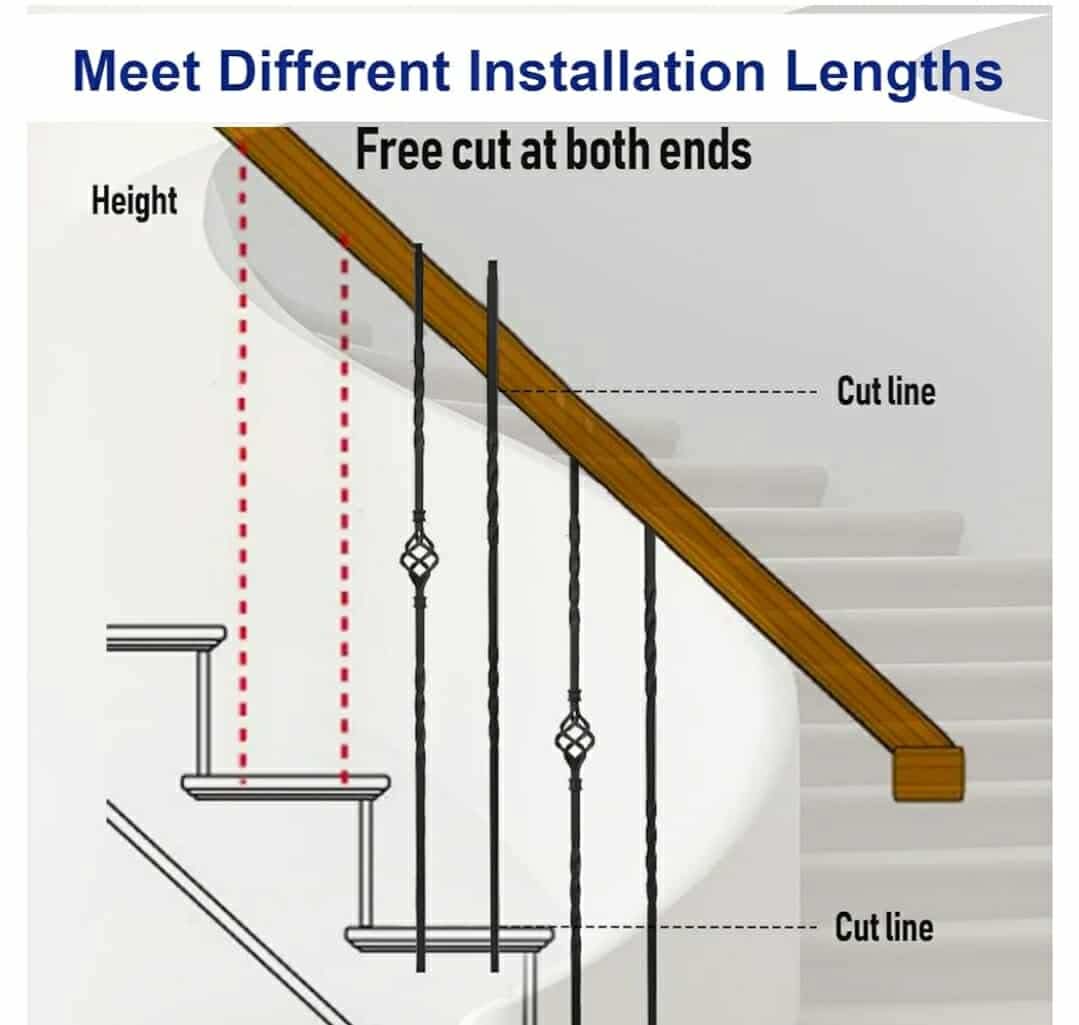 9 Pack Iron Balusters,Hollow Double Basket Iron Spindles Hollow Single Basket Staircase Balusters Single Twist 1/2" Square Stair Balusters with 18 Swivel Shoes - Image 10