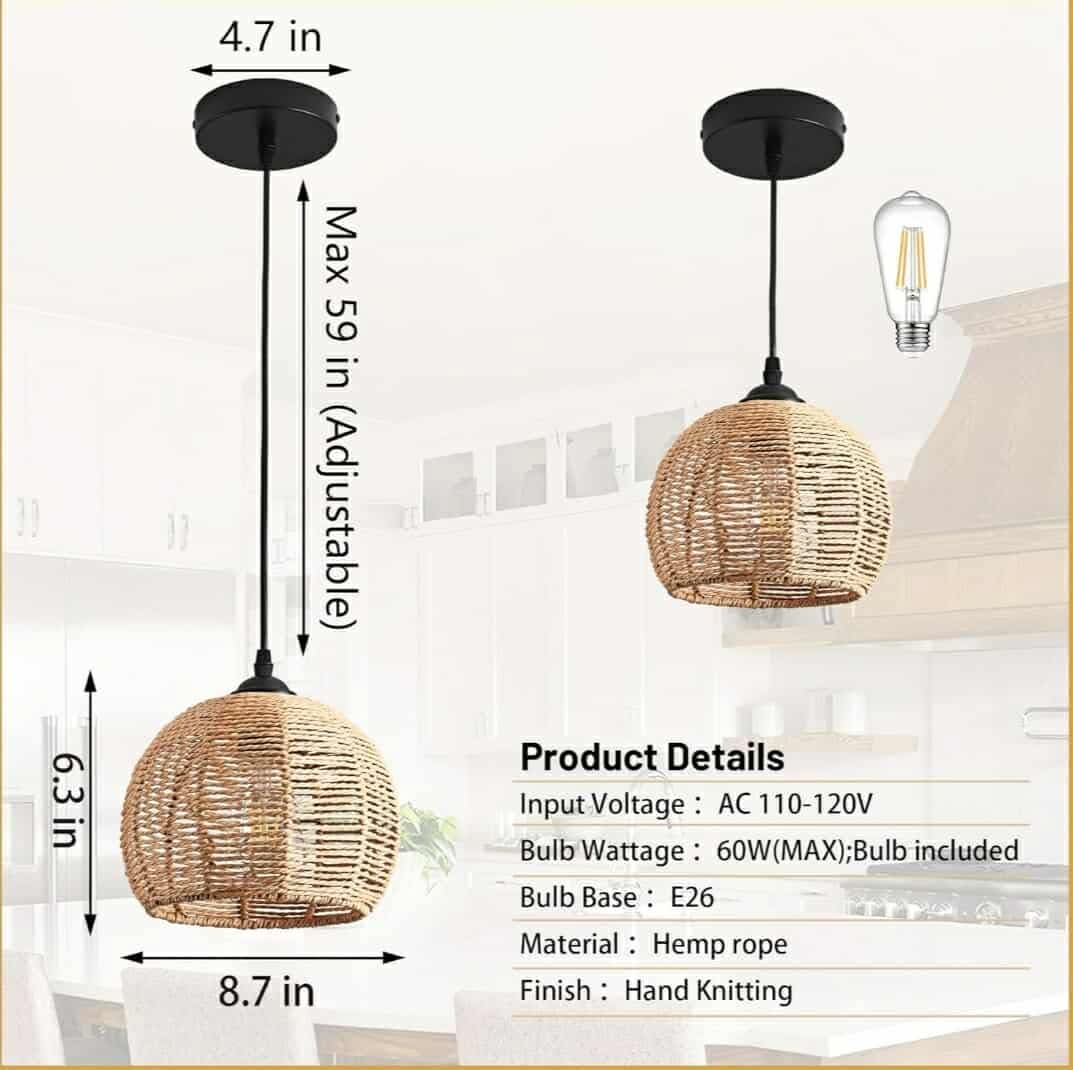 Hemp Rope Woven Pendant Light Woven Light Fixture Boho Chandelier Light Fixture Wicker Pendant Light Rattan Light Pendant Dome Wicker Chandelier for Bedroom Kitchen Island (Bulb Incl.) - Image 3
