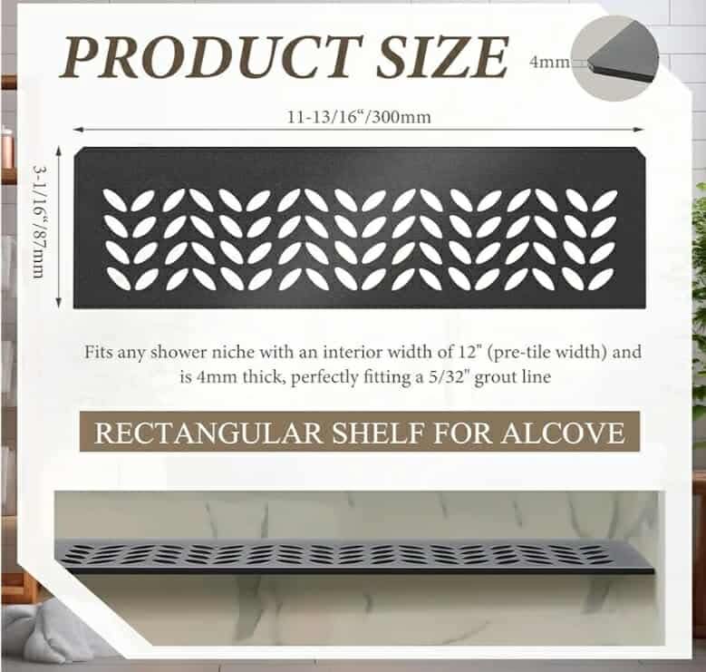 2 Pcs Aluminum Shower Niche Rectangular Shelf Black 5/32"/ 4 mm Thick, Petal Design, Matte Black Finish for 12" Prefabricated Niches, Fits 5/32" Grout Line - Image 6